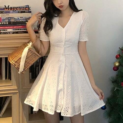 High Waist Slim Party Dress Hollow Out Summer Dress for Women Sweet Solid V Neck Chic Temperament White Dress Vestidos 14141