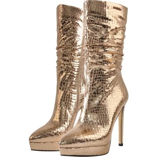 Richealnana Mid Culf Gold Shinning Boots Platform Snakeskin High Heels Pointed Toe Side Zip Fashion Woman Shoes Large Size US15