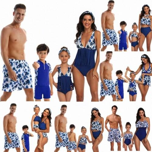 Family Matching Swimwear Dad Son Bathing Suit Women Men Couples Outfits Girls Boys Swimsui Mom Daughter Taseel Leaf Blue Bikinit