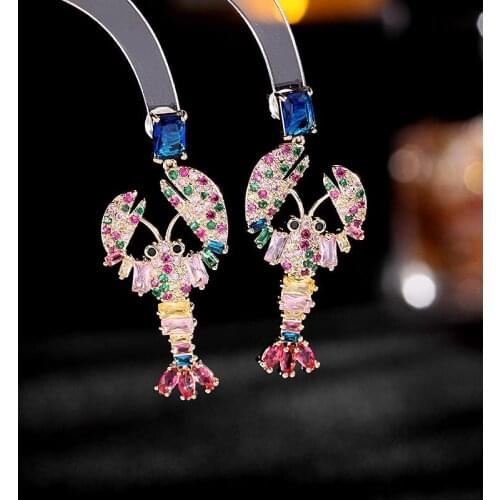 Colorful Lobster Earrings for Women Statement Designer Cute Animal Shrimp Dangle Earring Cubic Zirconia Luxury Jewelry