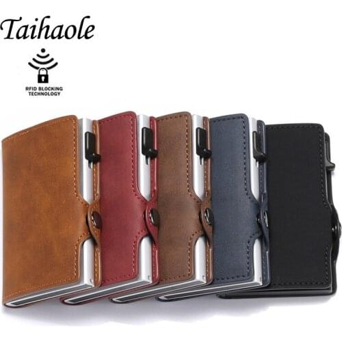 Taihaole New fashion Blocking Rfid Wallet Mini PU Leather Business Aluminium Credit Card Holder Automatic Pop Up Card Case