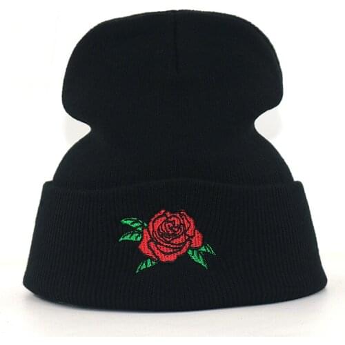 Autumn Winter Rose embroidery knitted beanies cotton flexible flower warm beanie hats womens fashion ski cap high quality