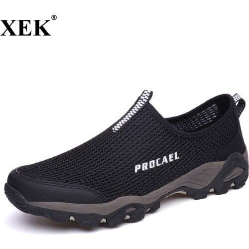 XEK 2018 New Arrival Summer Mesh Light Beach Shoes Outdoor Men Running Sneakers For Men Design Feet Lazy Driving Shoes JH199