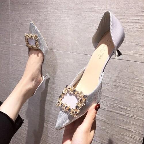Womens shoes 2021 new simple style 5CM single shoes fashionable pointed toe elegant rhinestone square buckle high heels
