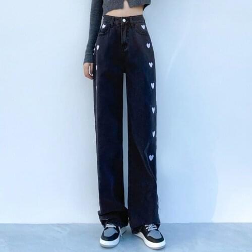 Jeans Women Love Pattern Cowboy Denim Trousers Loose Girls Full-length High-waist All-match Pants Vintage Straight Streetwear