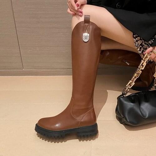 Winter round toe cow leather metal buckle decoration keep warm 5cm thick med heel zip riding women knee-high boot LDI33 MUYISEXI