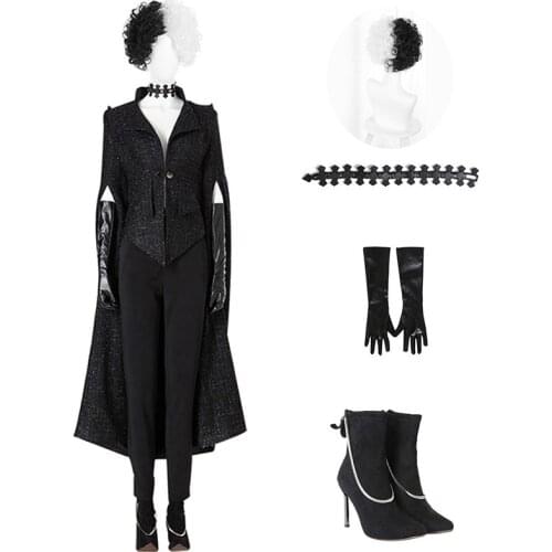 Cruella De Vil Costume Windbreaker Outfits Cruella Long Sleeves Black Overcoat Uniform Women Halloween Cruella De Vil Cosplay