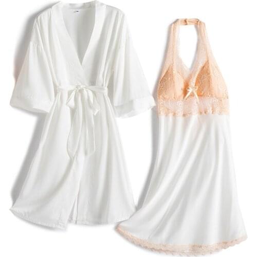 2 Pieces Women White Satin Robe Gown Set Pajamas Sexy Sleepwear Lace Bath Gown Night Dress With Chest Pads