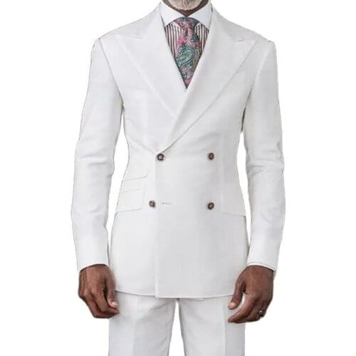 White Silm Fit Men Suits with Double Breasted Peaked Lapel Groomsmen Wedding Tuxedos Male Fashion African Jacket Pants 2021