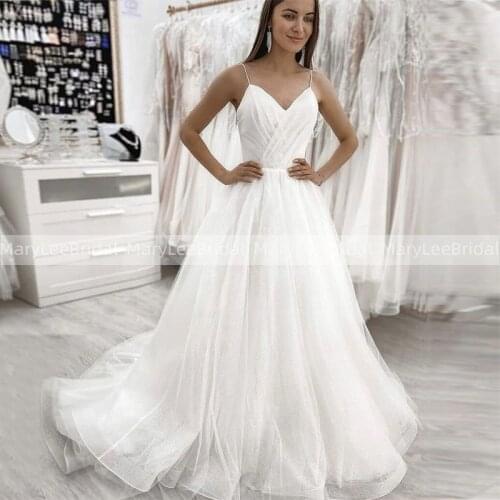 Shiny Beach Wedding Dresses Boho V-Neck Spaghetti Strap A-Line Glitter Bling Bling Summer Wedding Bridal Gowns suknia slubna