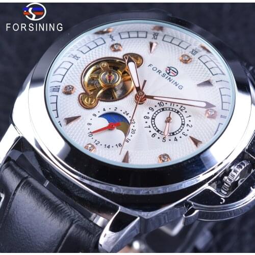 Forsining Casual Watch Diamond Tourbillion Display Self-winding Watches for Men Moon Phase Feature Black Genuine Leather Strap