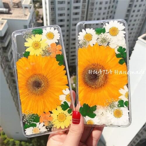 Real Flower Case for Sammung Galaxy S20 + Ultra S10 E S9 8 7 Note 20 5G 10, Gerbera Daisy Pressed Floral Phone Back Cover Women