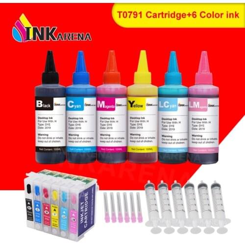 INKARENA 6×100ml Bottle Dye Ink + T0791 Printer Ink Cartridges For Epson Stylus Photo 1400 1500W P50 Artisan 1430 PX650 660 660