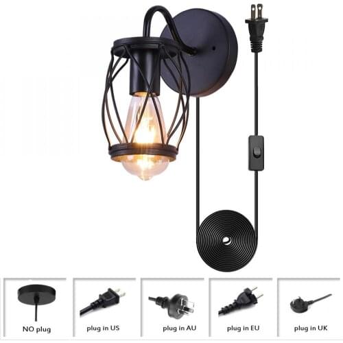 Black Plug In Wall Sconces, Farmhouse Wall Light, Industrial Black Iron Wire Cage Wall Lamp, Vintage Metal Wall Light Fixture