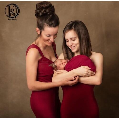 D&J New Stretch Cotton Maternity Dress Gown with Matched Newnorn Soft Wraps Set for Newborn Photo Shoot Props Two Dresses Style