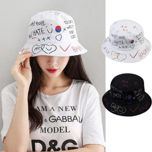 Women Men Summer Harajuku Outdoor Bucket Hat Korean Letters Heart Graffiti Printed Personality Hip Hop Fisherman Cap Streetwear