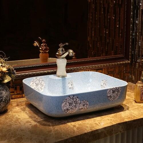 Blue flowered ceramic bathroom vanity bathroom sink bowl countertop oval ceramic washbasin bathroom sink