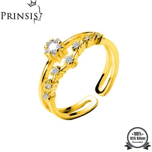 PrinSis Real 925 Sterling Silver Sweet Double Layer Star CZ Adjustable Ring For Women Wedding Anniversary Fine Jewelry DD846