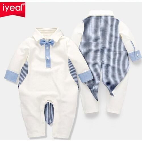 IYEAL Baby Boy Clothes Gentleman Romper Long Sleeve with Bow Tie Suit Infant Toddler Fake Two Pieces Vest Party Wedding Jumpsuit