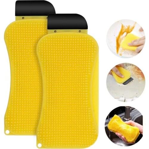 2Pcs 3 in 1 Kitchen Dish Sponge Silicone Sponge Cleaning Brush Wash Pan Dish Bowl Sponge Scraper with Soap Dispenser