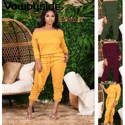Spring and Autumn New Womens Sports Suit Solid Color Slash Neck Long Sleeve Slim Sweater Casual Sweatpants Sets