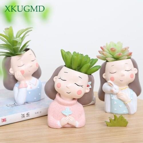 Creative Resin Wreath Girl Vase Simple Succulents Container Micro Landscape Flower Pot Home Decoration Ornaments