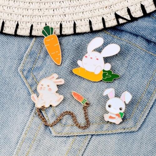 Bunny And Carrot Enamel Pins Cute Rabbit Chain Brooches Animals Badge Women Denim Jackets Collar Lapel Pins Cartoon Jewelry