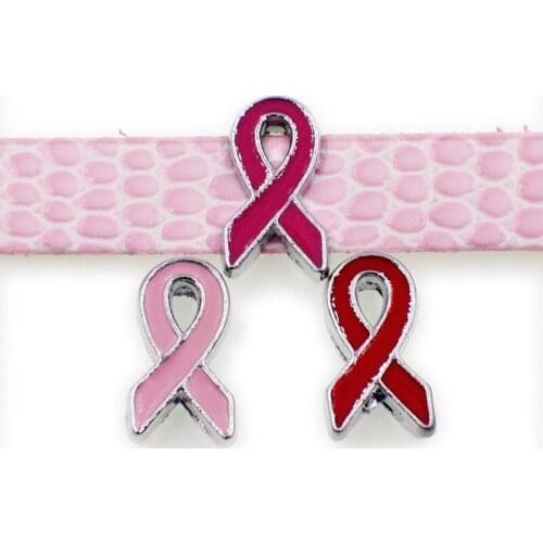 50PCS 8mm Alloy Enamel Pink Red Ribbon Slide Charms Slide Beads DIY 8mm Bracelets Wristbands,Belt Straps Pet Name Collar