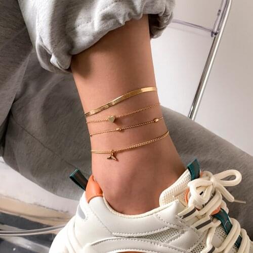 Trendy Layered Snake Chain Anklets Set for Women Fashion Charms Heart Ankle Bracelets on the Leg/Foot Chains Jewelry Girls Gifts