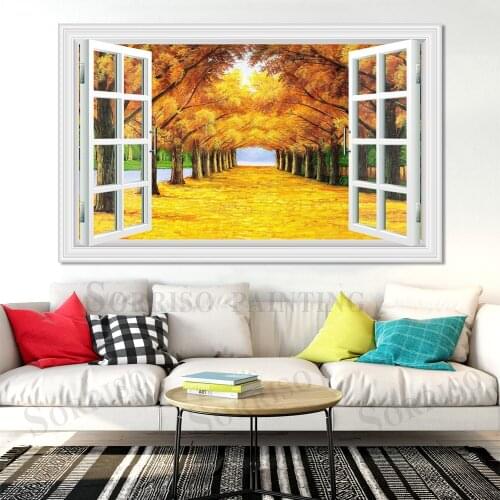 Autumn Tree Golden Avenue Scenery Wall Art Imitation Window Design Canvas Painting Posters Picture Prints Home Living Room Decor