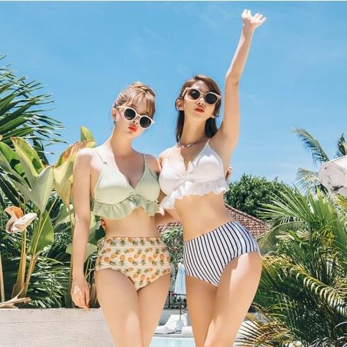 2021 New Girl Small Fresh Avocado Green Pineapple Wood Ear Steel Bracket Split Bikini Swimsuit Women