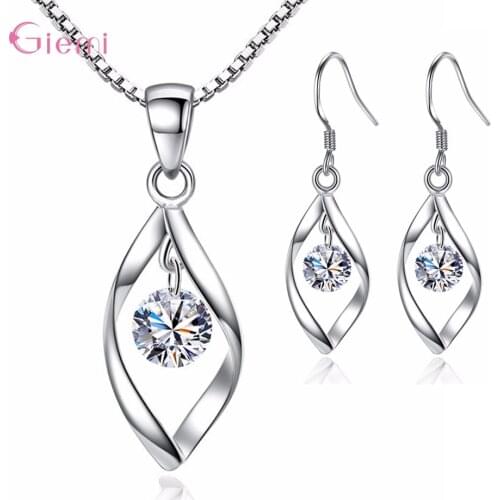 New Arrival Fashion 925 Sterling Silver Shinning Zircon Rotating Pendant Necklace Drop Earrings Jewelry Set For Woman Girlfriend