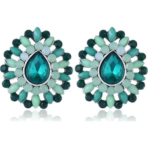 New Chunky Blue Crystal Green Rhinestone Hollow Stud Earrings for Women Girls Bohemia Jewelry