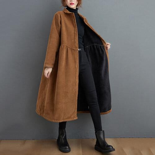 2021 Autumn Winter New Solid Corduroy Windbreaker Jacket Oversized Womens Single-breasted Plus Velvet Warm Long Overcoat e065