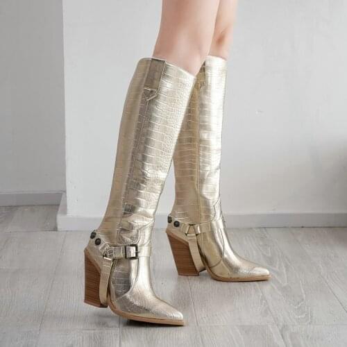 Autumn Women Boots Fashion Buckle Knee High Boots Pu Leather Wedges High Heel Long Boots Pointed Toe Winter Woman Shoes