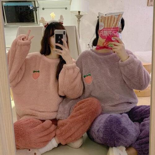 Autumn and Winter Womens Casual Plush Loose Loose Home Service Two-Piece Ladies Pajamas Set Warm and Comfortable Home Service