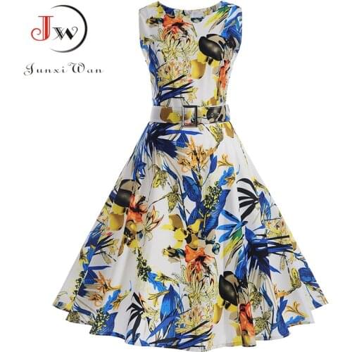 Vestidos Vintage Dress Summer Floral Print Sleeveless Party Dresses 50s 60s Elegant Rockabilly Sexy Pin Up Dress with Belt