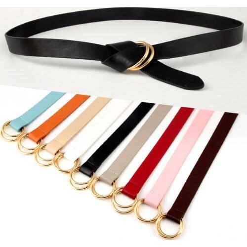 Double Ring Round Circle Belt Women Gold Buckle PU Leather Belt Ladies Thin Wild Knotted Decorative Belts