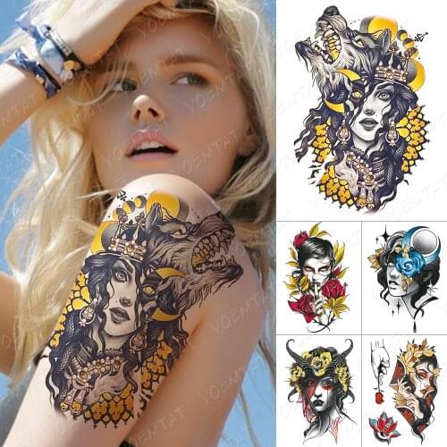 Waterproof Temporary Tattoo Sticker Wolf Beast Queen Flash Tattoos Golden Halo Old School Body Art Arm Fake Tatoo Women Men