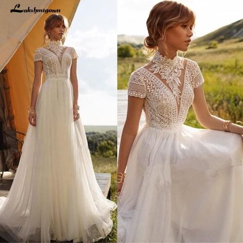 Vintage Boho Wedding Dress Lace Tulle High Neck Cap Sleeves A Line Bohemian Bridal Gowns 2021 Ivory ELegant Bride Dress