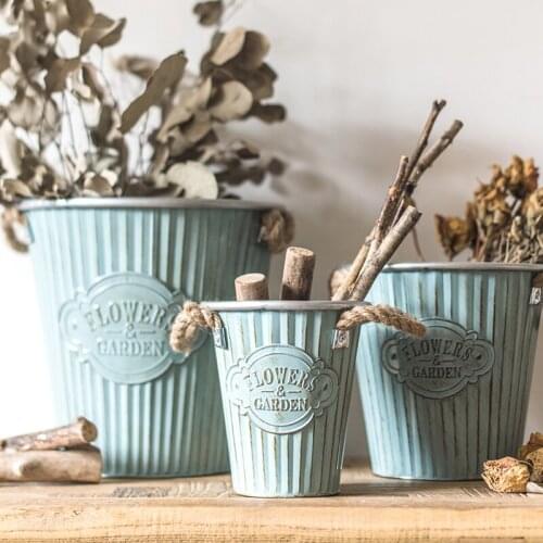 Vintage Blue Ribbon Flower Pacific Flower Pot Flower Store Decorative Dried Flower European French Korean Floor Bucket