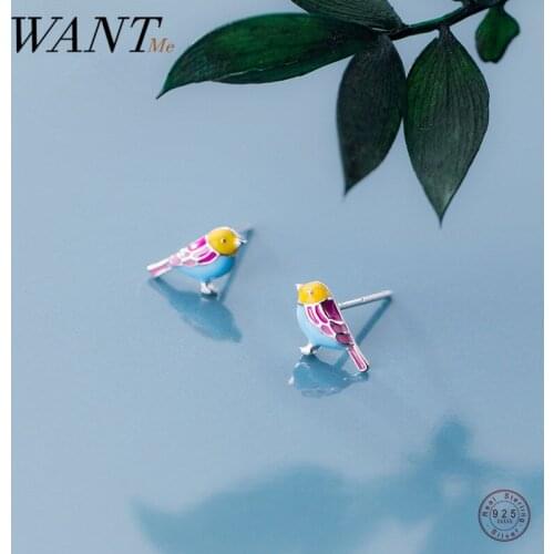 WANTME 925 Sterling Silver Cute Korean Pirecing Colourful Cartoon Enamel Birds Stud Earrings for Women Vintage Party Jewelry