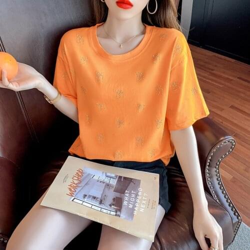 2021Korean T-shirt new O-neck Summer Fashion Hot drilling Shirt T Shirt Women Tops Loose Short sleeve Women Tshirt y2k top
