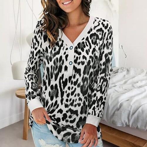 Autumn Women Leopard Print Buttons V Neck Long Sleeve Loose Blouse Top T-shirt women clothing New Tshirt