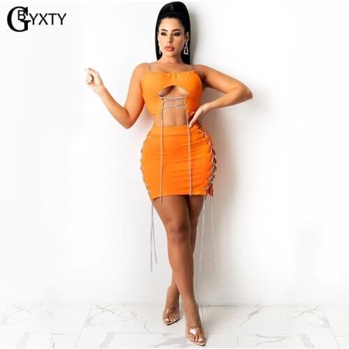 GBYXTY Sexy Hollow Out Chains Bandage Summer Matching Set Women Spaghetti Strap Top and Shirts 2 Piece Set Club Outfit ZL1267