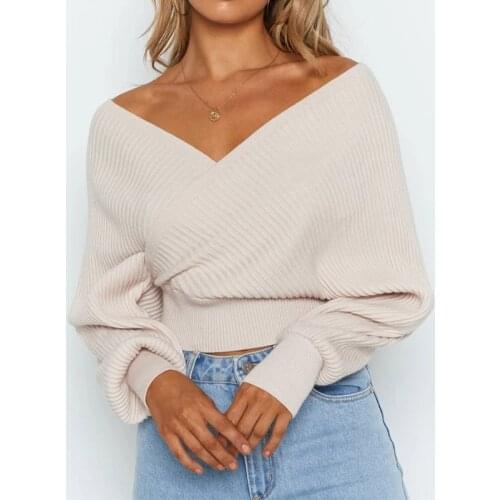 Batwing Sleeve Womens Pullover Sweater Sexy V-neck Backless Solid Loose Crop Top Women 2021 Auutmn New Fashion Ladies Sweaters