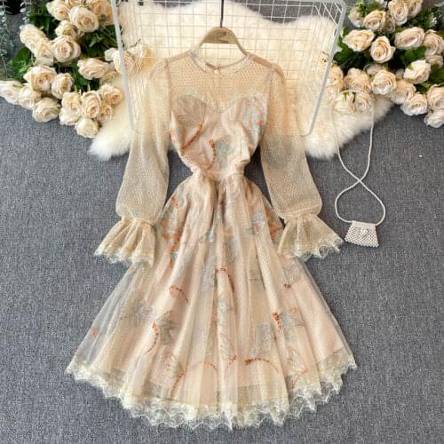 Women Flare Long Sleeve Ruffles Elegant Flowers Embroidery Party Vestidos Autumn Gorgeous Bright Silk Vintage Mesh Dress 6731