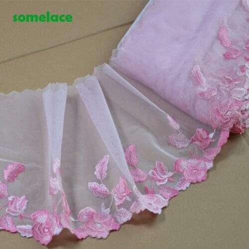 2Yds/lot 17cm Wide Translucent Gazue Pink Thread Flower Embroidery High Quality Lace Trim For Garments And Wedding
