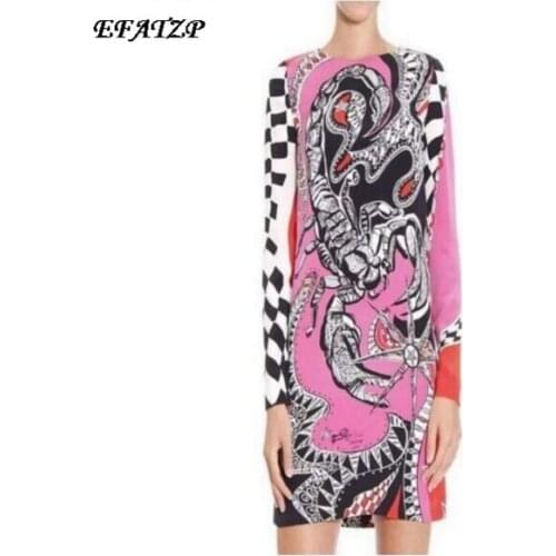 2016 Spring Luxury Brands Jersey Silk Dress Womens Elegant Colorful Geometry Print Long Sleeves Stretch Day Dress Signature
