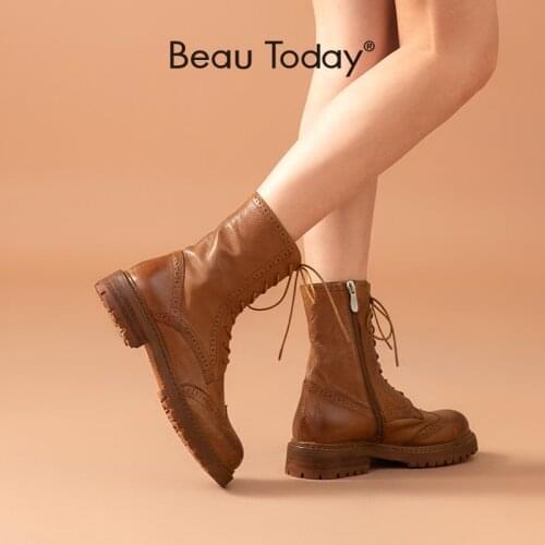 BeauToday Mid-Calf Boots Women Horsehide Leather Brogue Boot Round Toe Lace-Up Zip Fashion Lady Winter Shoes Handmade 02341